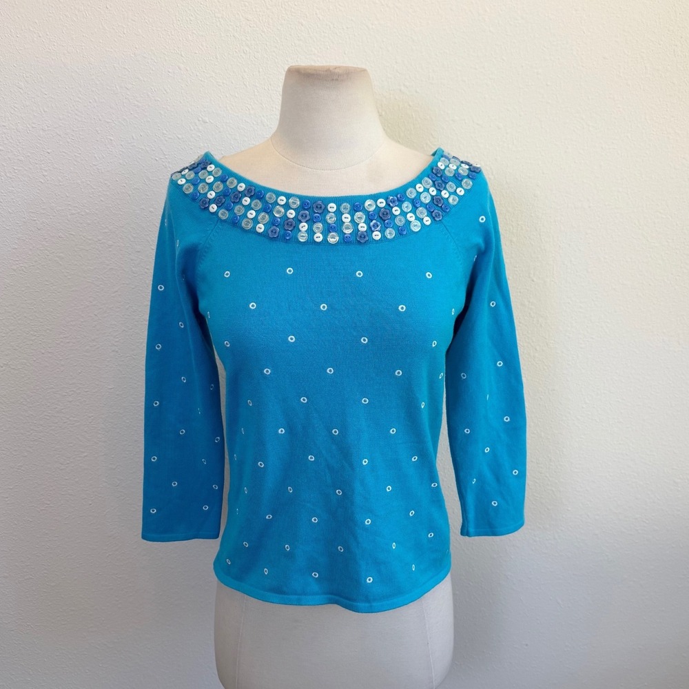 Vtg Y2K Blue Boat Neck Quarter Sleeve Blouse Womens Small Ribbed‎ Coquette Twee